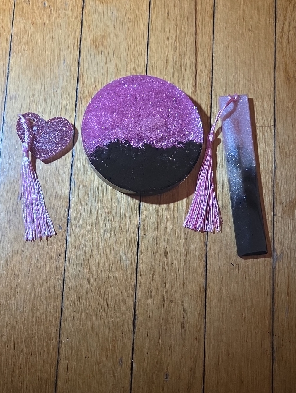 💝Handmade-Pink and Black Glitter Resin Coaster and Bookmark Set